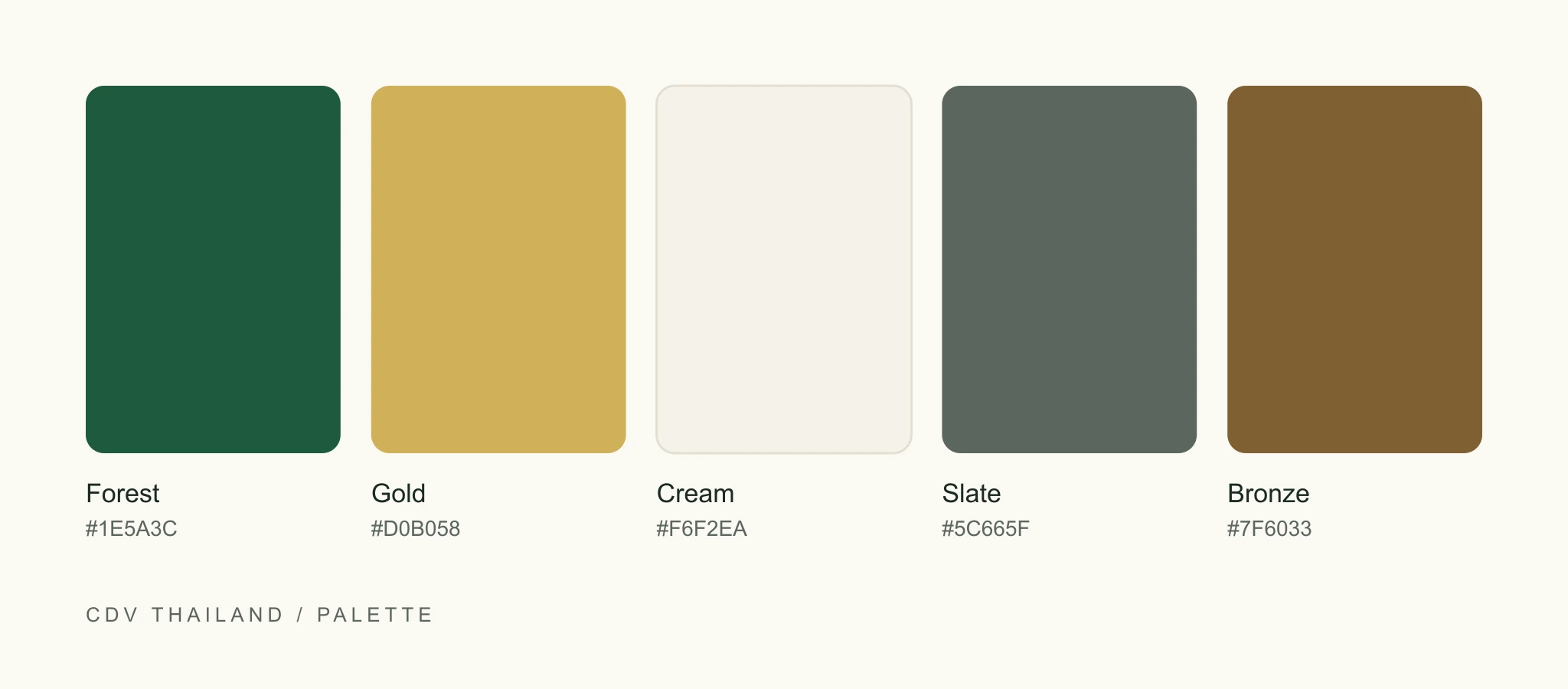CDV Thailand bag factory website palette: five swatches, forest green, gold, cream, slate and bronze, with their colour codes