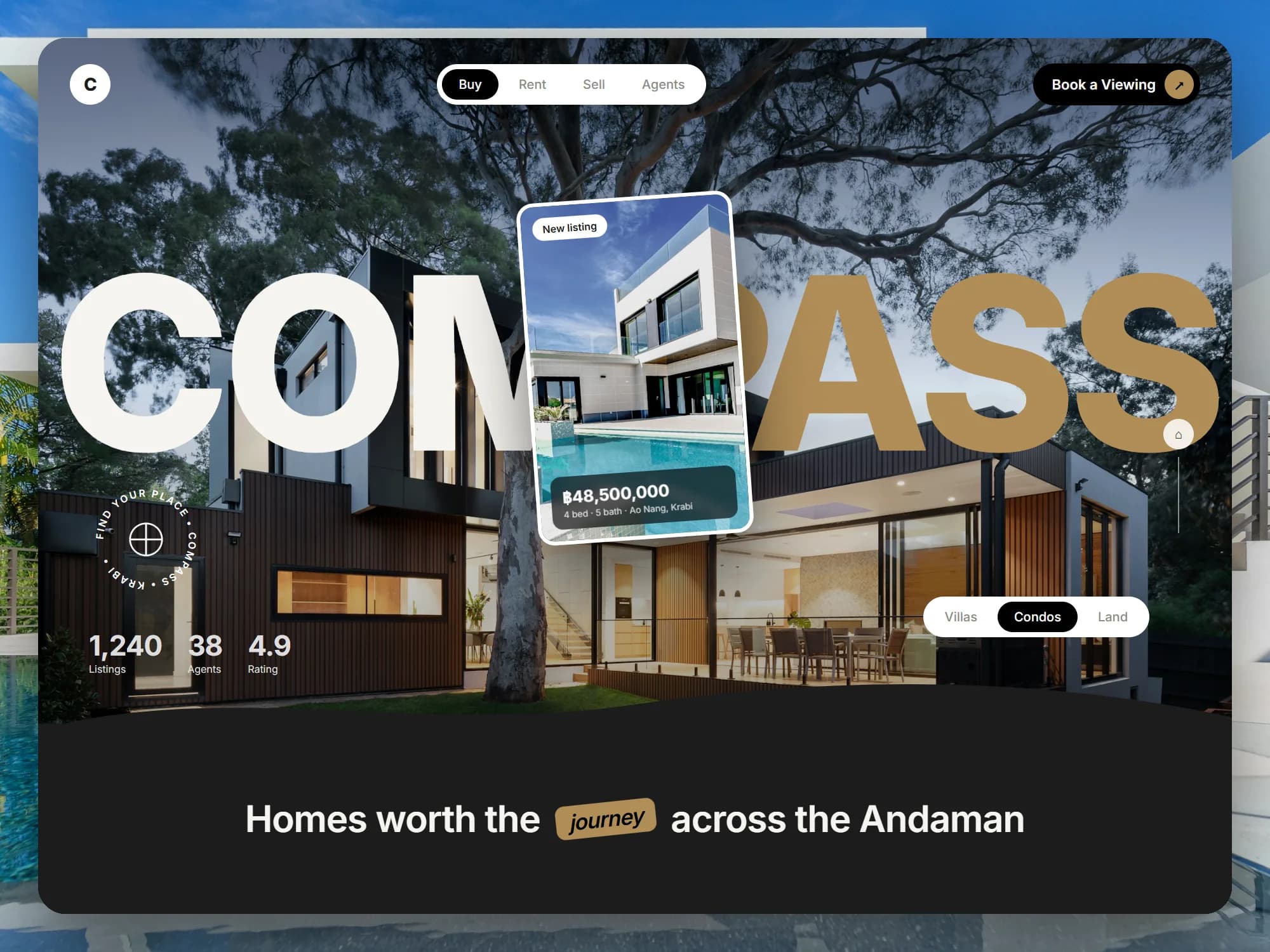 Compass real estate home page on a desktop screen: buy, rent and sell navigation and a villa listing card
