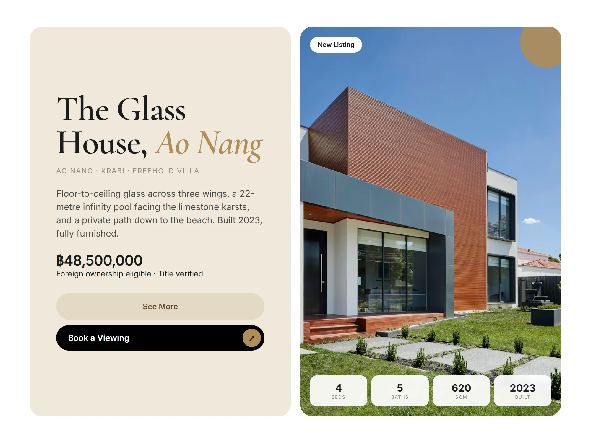 Property detail page on the Compass real estate website: development name, location, price and a viewing button