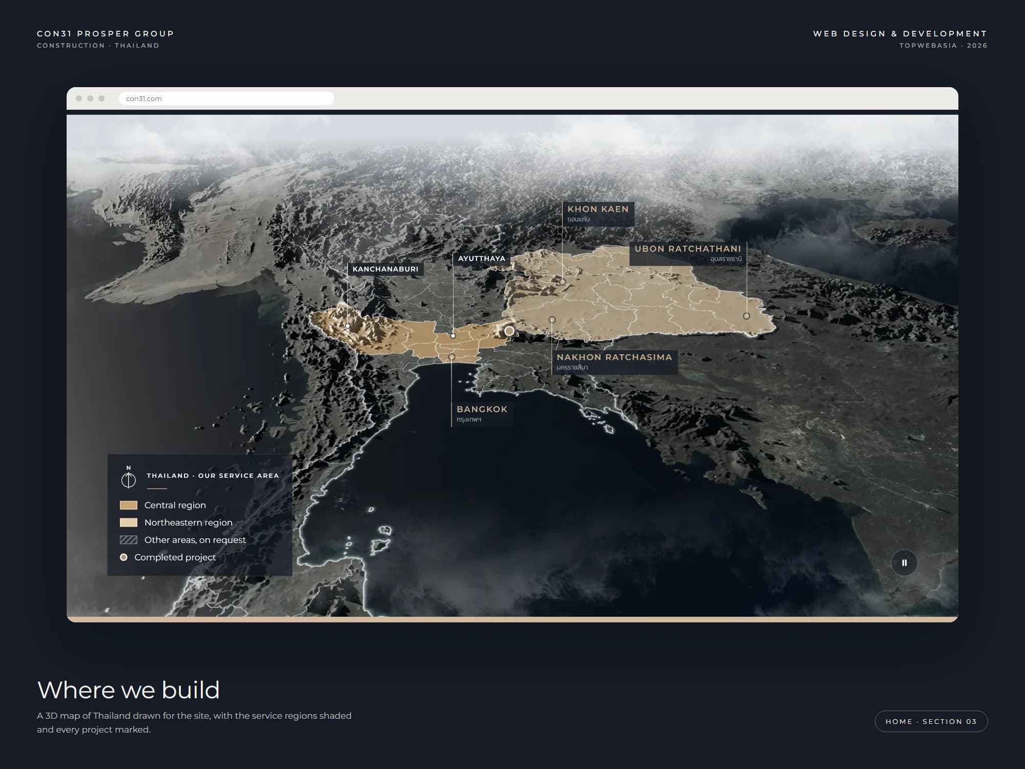 The 3D map of Thailand on the CON31 construction website, with the Central and Northeastern regions shaded and the provinces they work in named