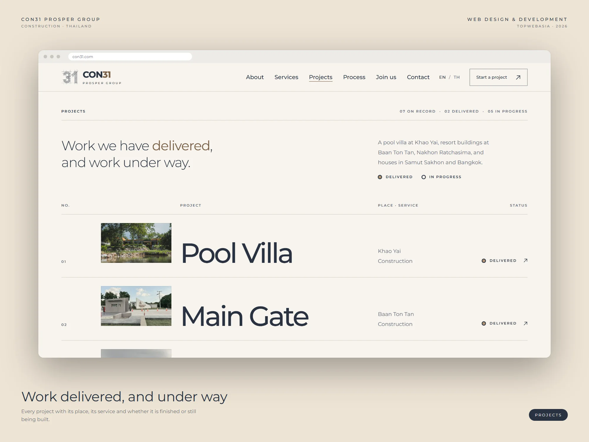 Projects page on the CON31 construction website: each project with its place, service and a delivered status