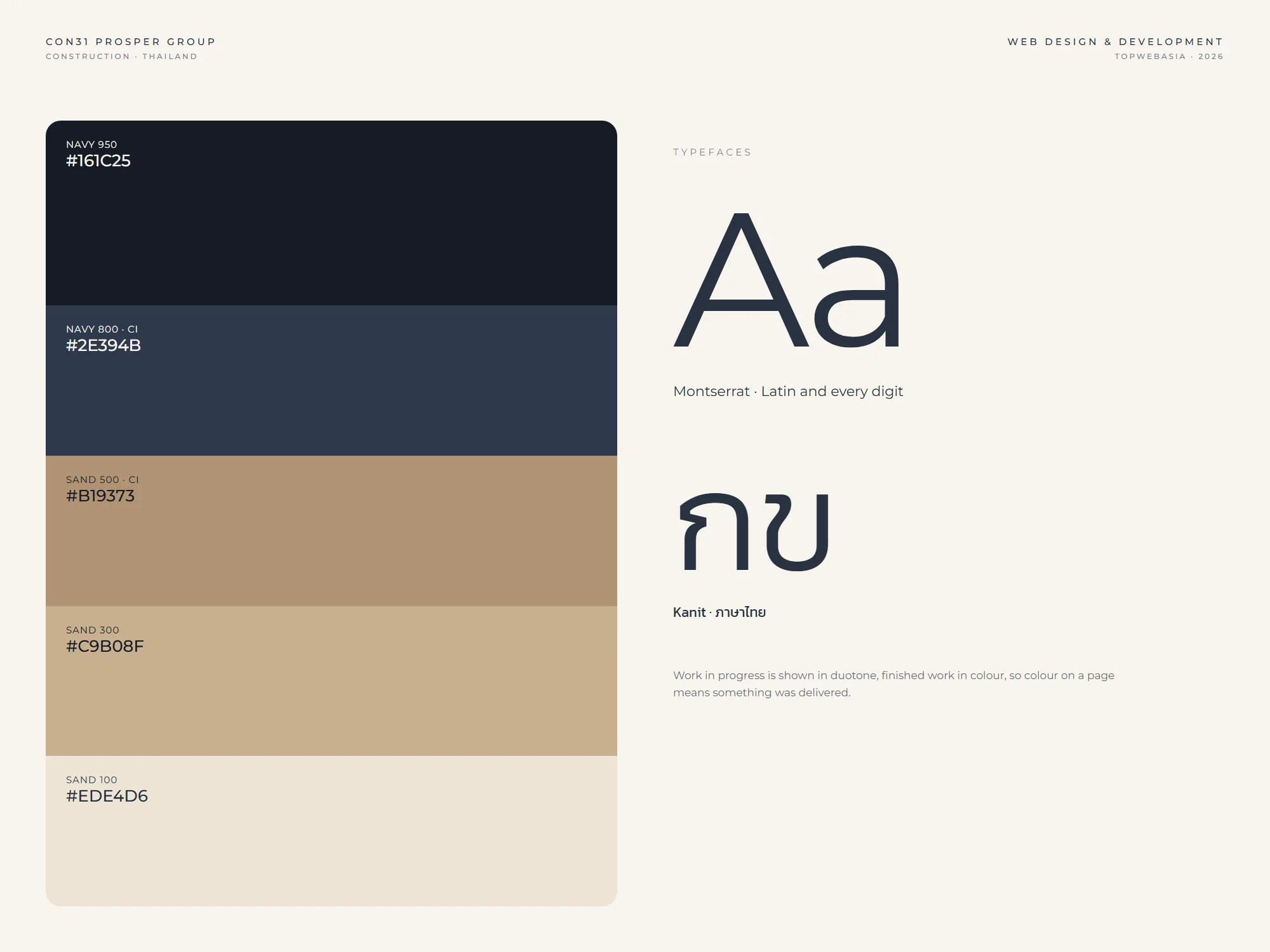 CON31 brand board: the navy and sand palette with colour codes, and the Montserrat and Kanit typefaces