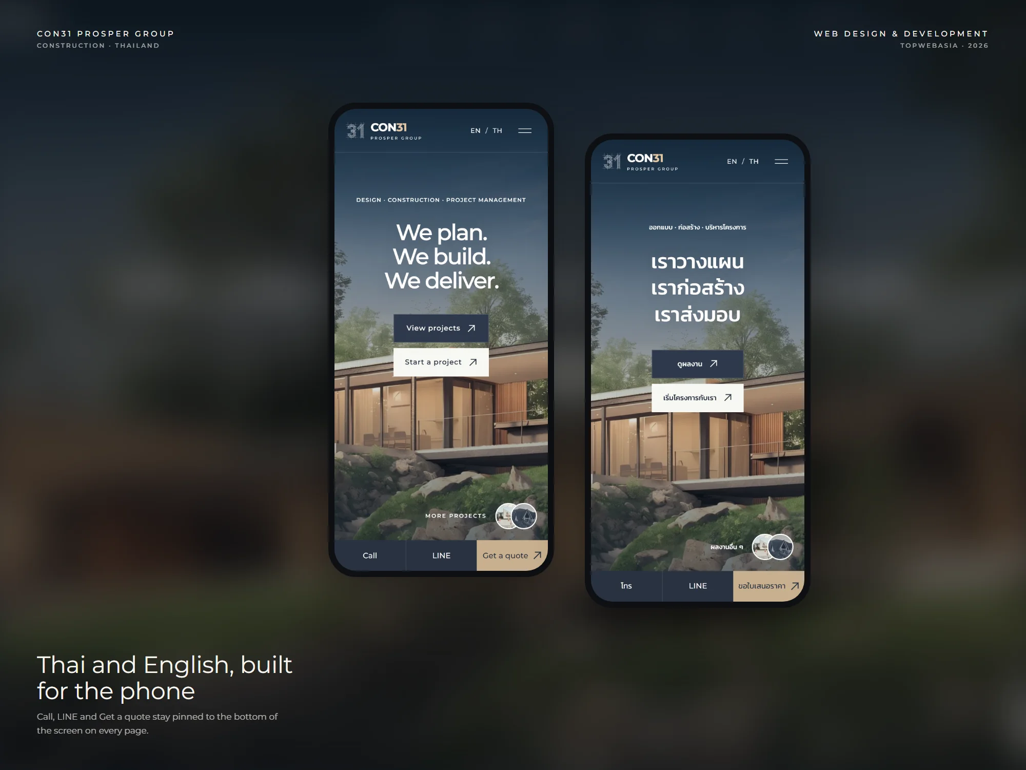 The CON31 construction website on two phones, in English and Thai, with the Call, LINE and Get a quote bar at the bottom