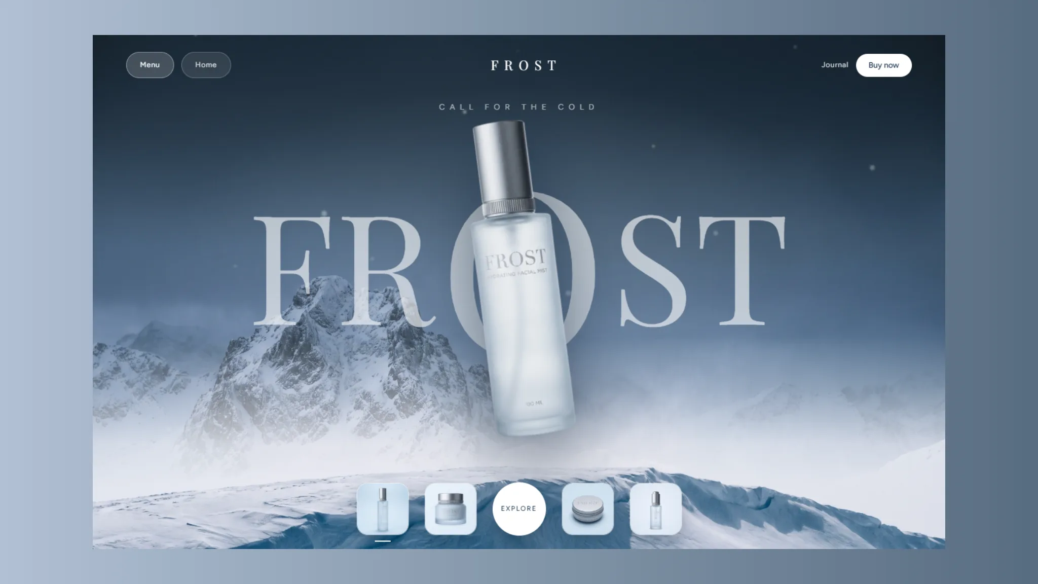 Frost skincare home page on a desktop screen: a snow mountain photograph, the centred wordmark and the mist bottle