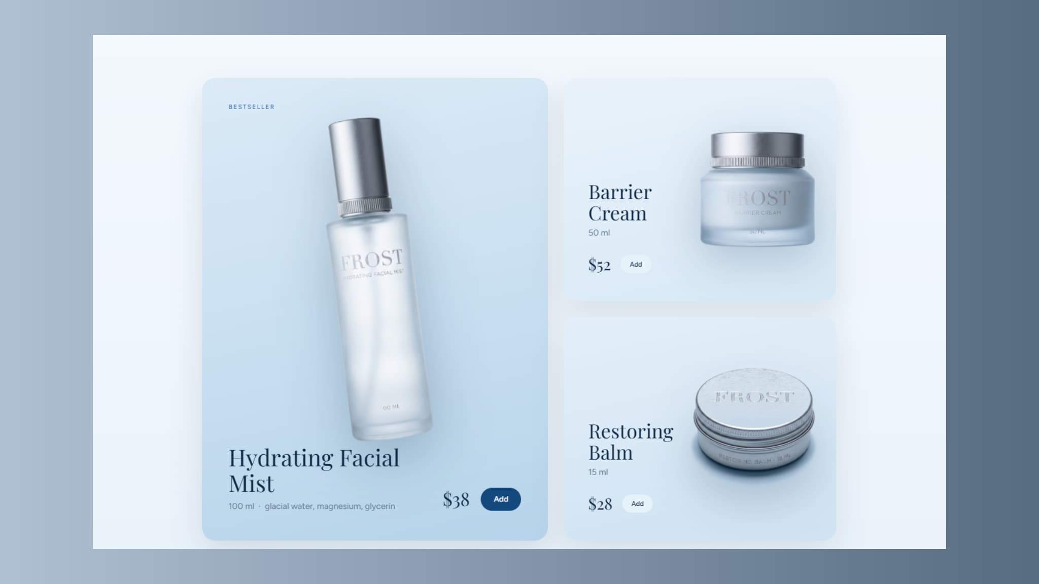 Product page on the Frost skincare website: three product cards with size, key ingredients and price