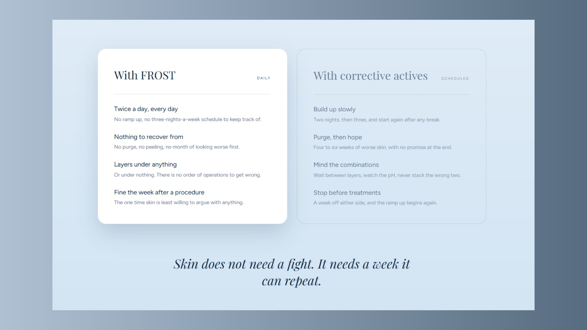 Comparison section on the Frost skincare website: two cards setting daily care against a scheduled routine