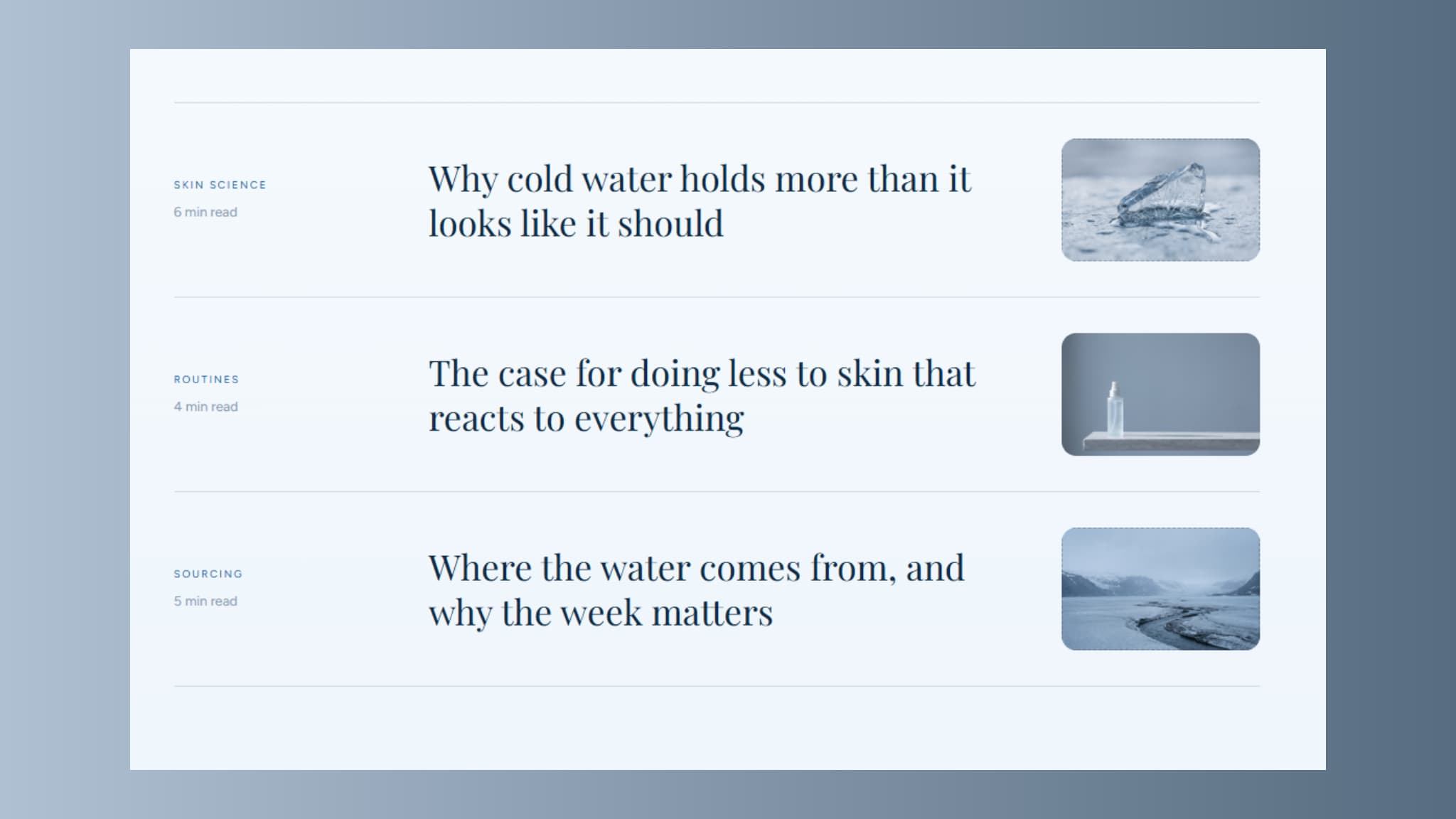Journal index on the Frost skincare website: three entries with category, reading time, headline and thumbnail