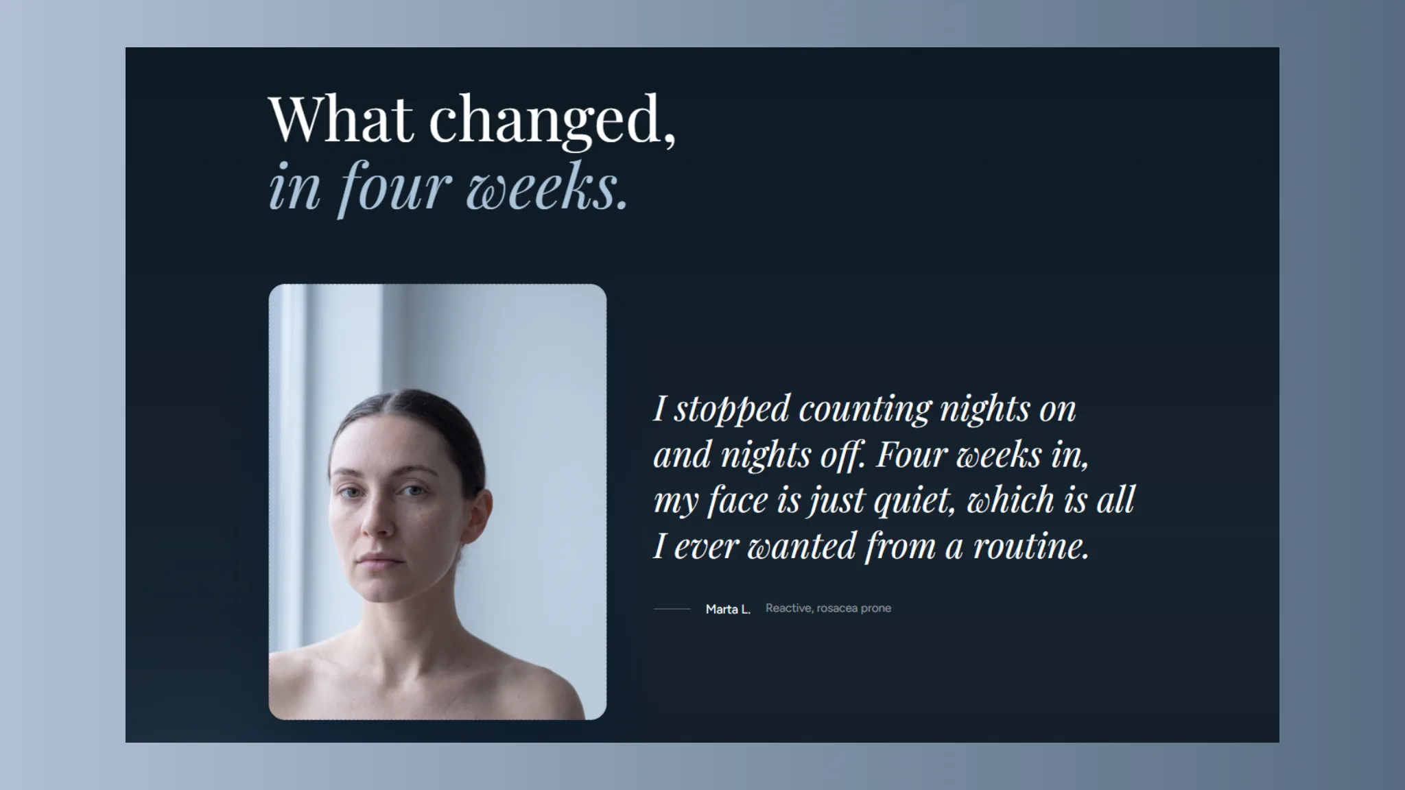 Customer comment section on the Frost skincare website: a portrait beside a quote on deep navy