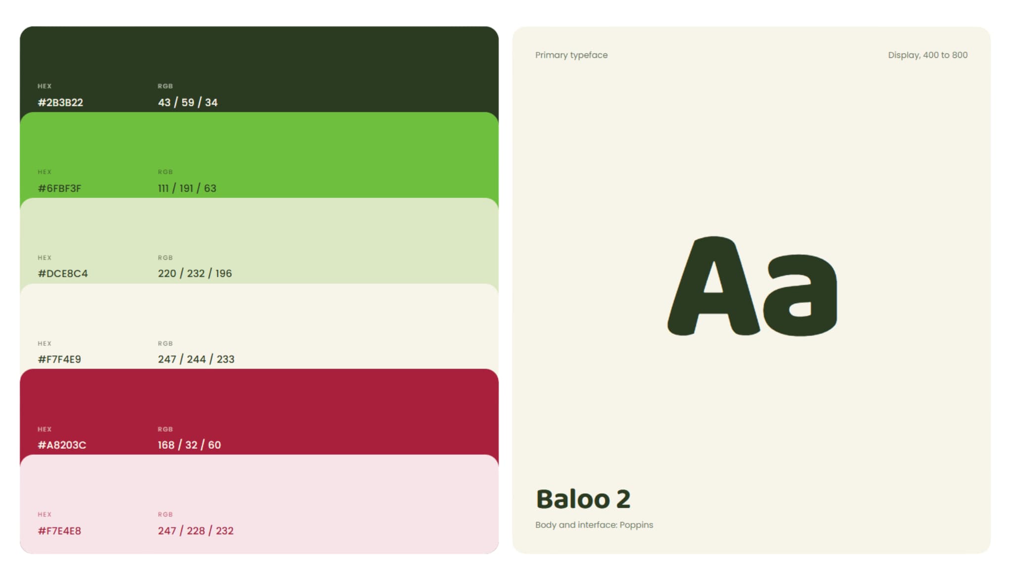 Hoshi matcha bar brand board: the matcha green and strawberry red palette and the Baloo 2 heading typeface