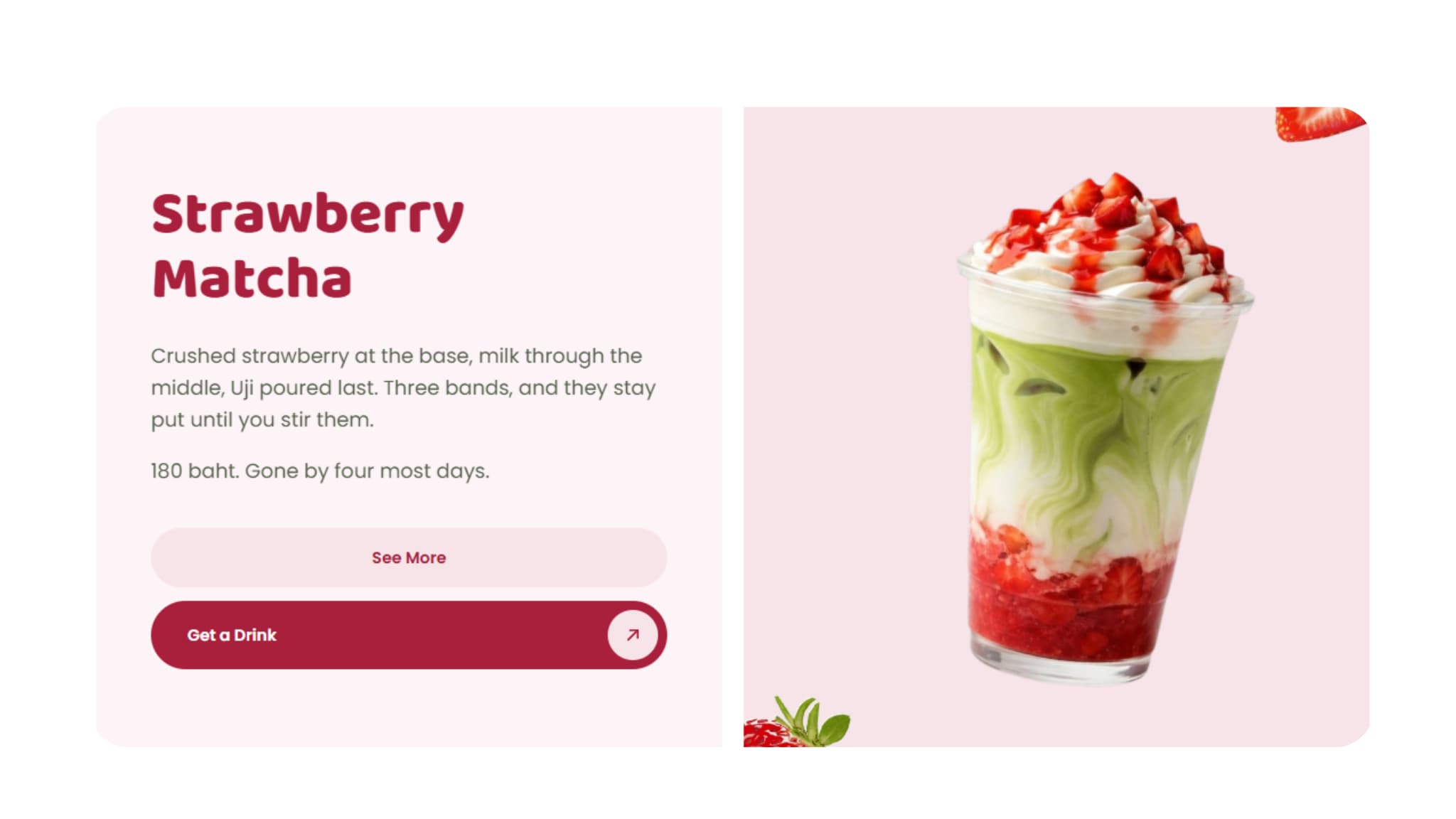 Drink detail page on the Hoshi matcha bar website: name, description, price and an order button
