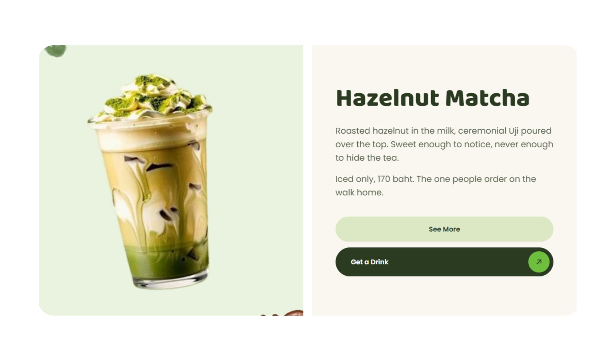 Menu page on the Hoshi matcha bar website: iced hazelnut matcha with description, price and an order button
