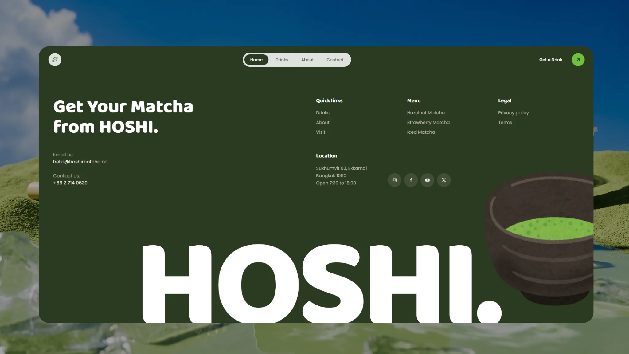 Footer of the Hoshi matcha bar website: email, phone, menu links, the Ekkamai address and opening hours