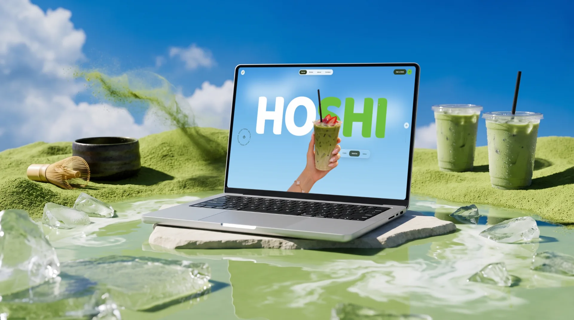 Hoshi matcha bar website, home and menu pages on a phone