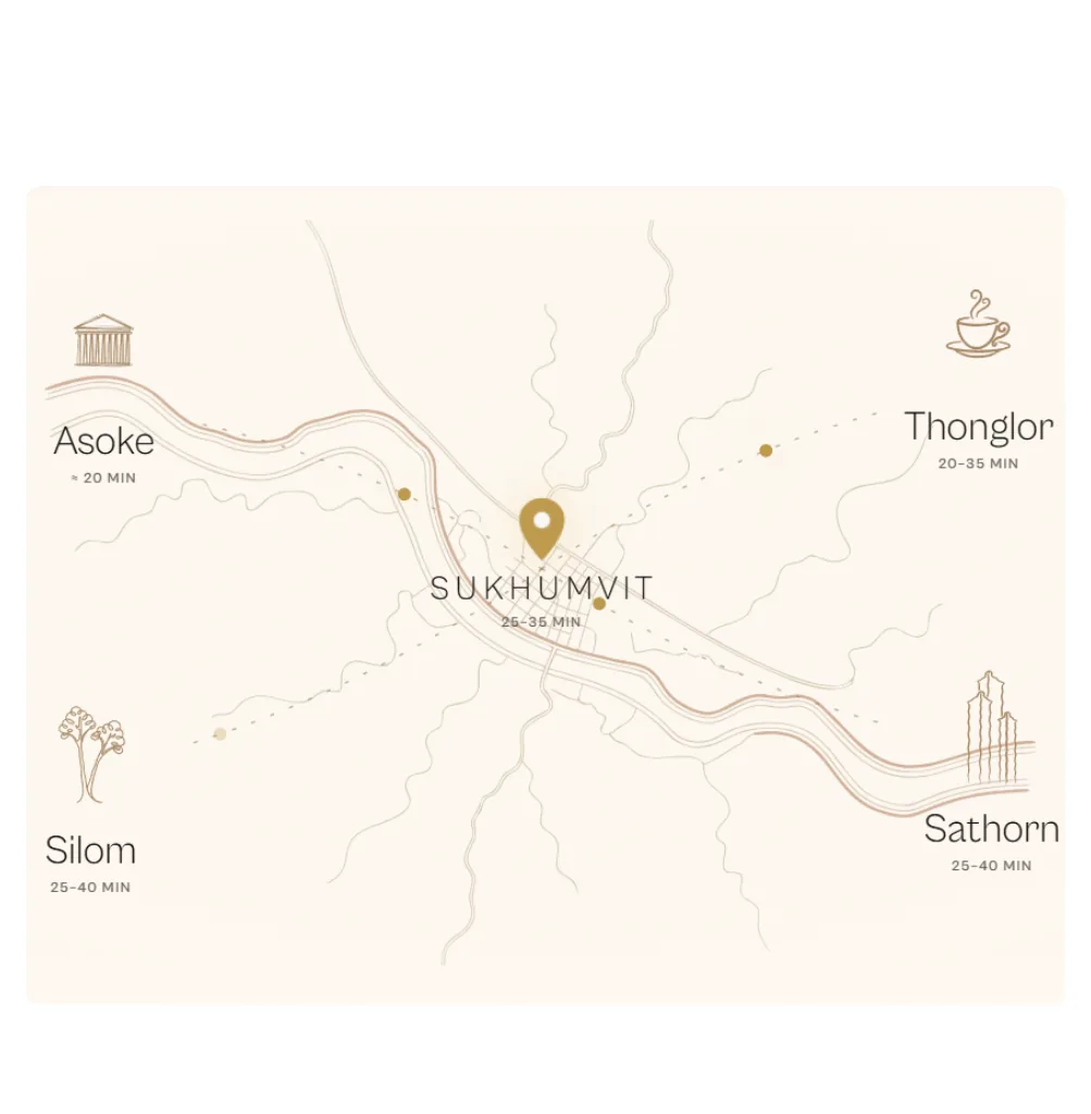 Service area map on the Iris home massage website: Asoke, Thonglor, Silom and Sathorn with travel times