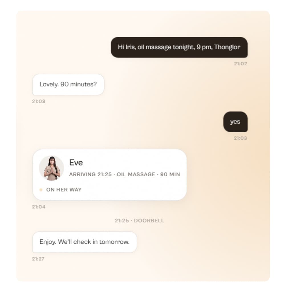 Booking conversation example on the Iris home massage website: the request, the time and the therapist status