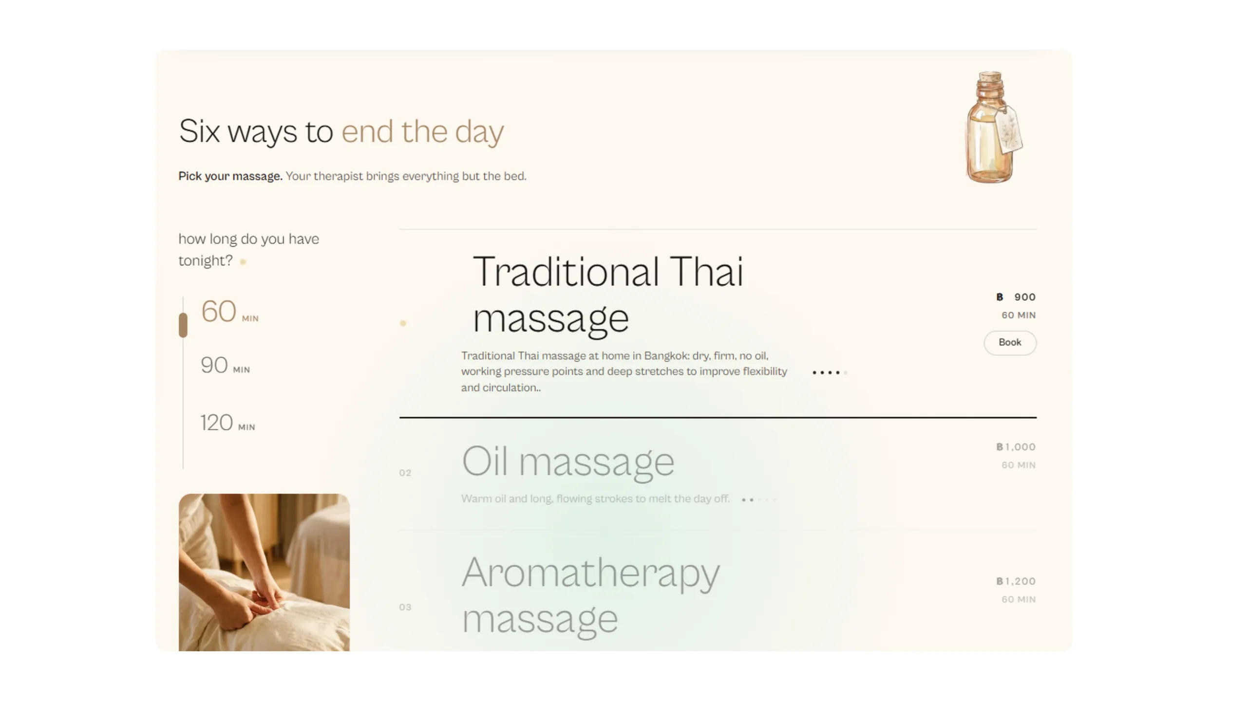 Service and price page on the Iris home massage website: 60, 90 or 120 minutes, the massage list and a book button