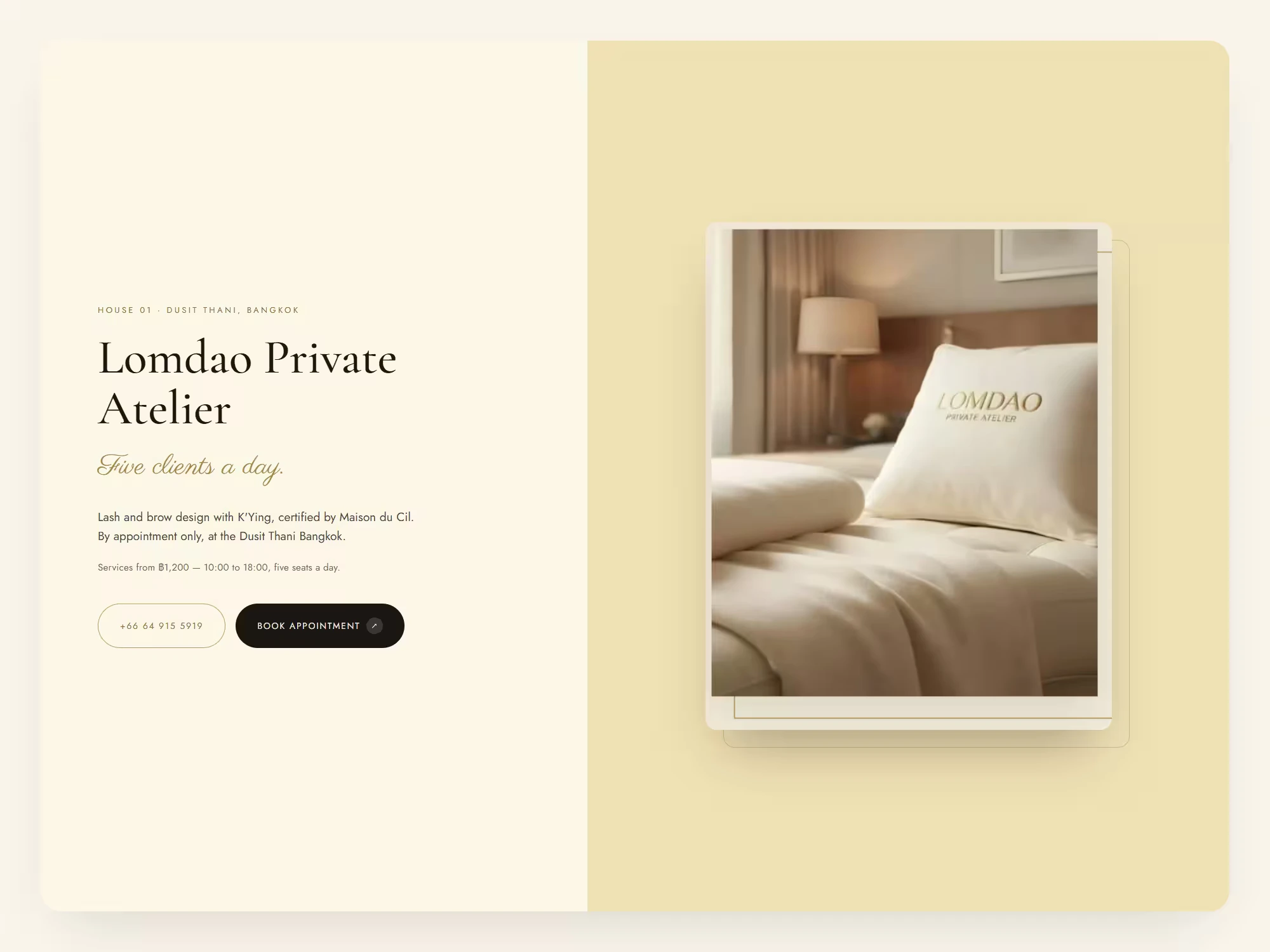 House page on the Lomdao Private Atelier salon website: price, opening hours, phone number and a booking button