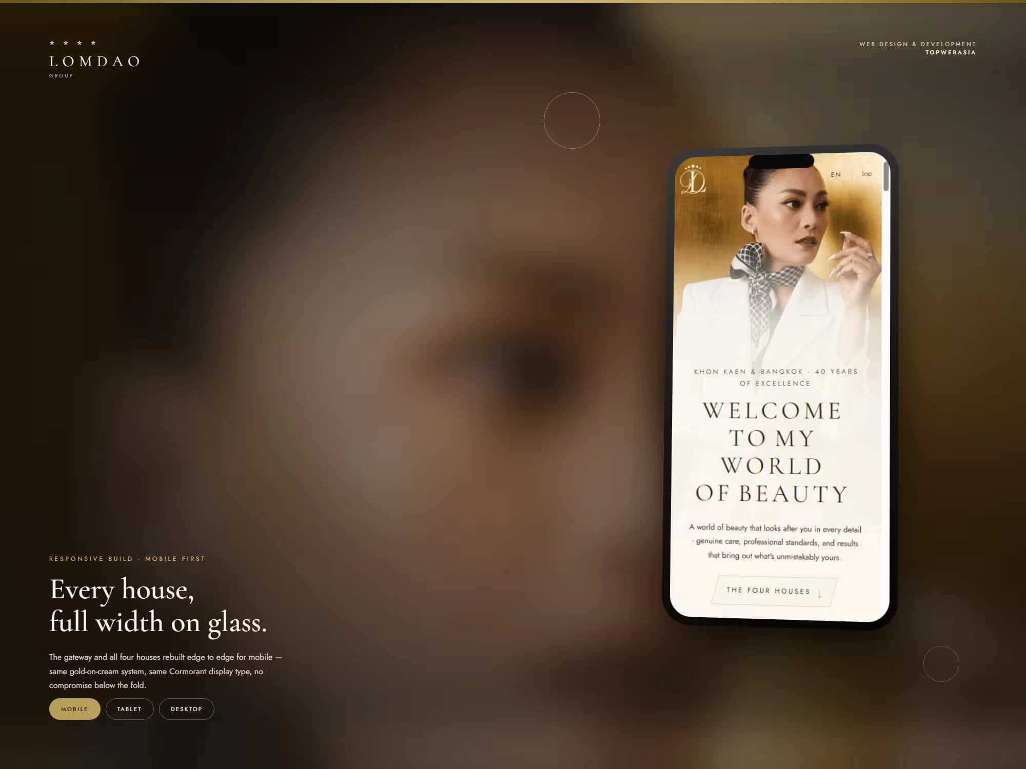 Lomdao Group salon website on a phone: the entry page with a Thai and English switch and a link to the four houses
