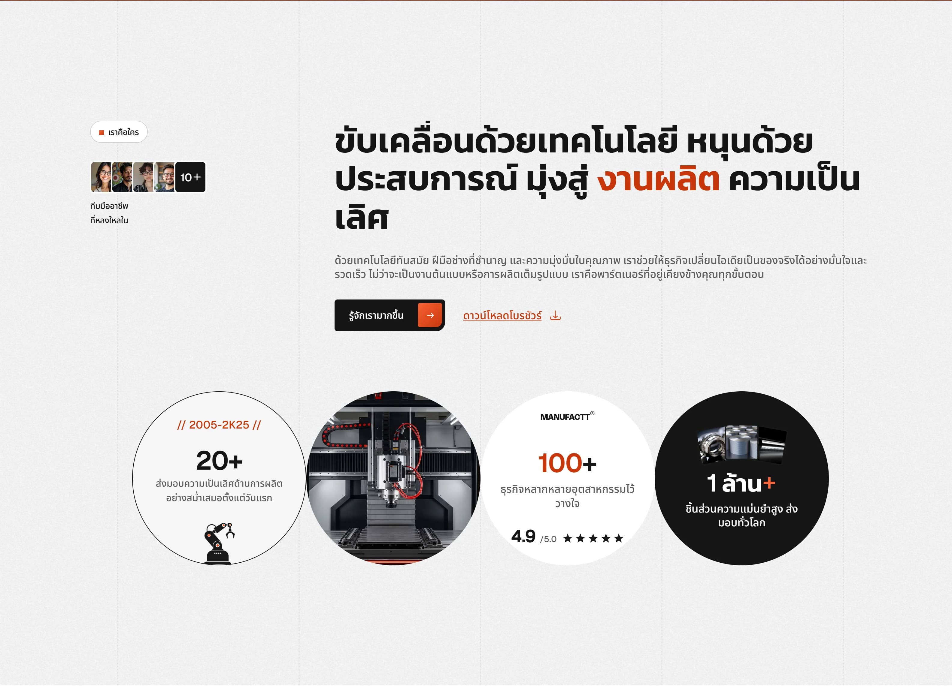 About section on the Manufactt manufacturer website: a large headline with an orange key word, machinery, and the years, projects and parts counters