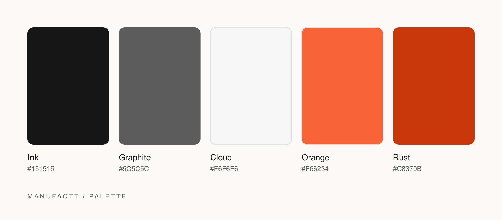 Manufactt manufacturer website palette: five swatches, ink, graphite, cloud, orange and rust, with their codes
