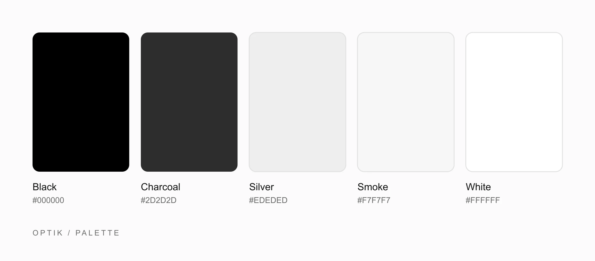 Optik architecture studio website palette: five monochrome swatches from black through charcoal, silver and smoke to white, with their codes