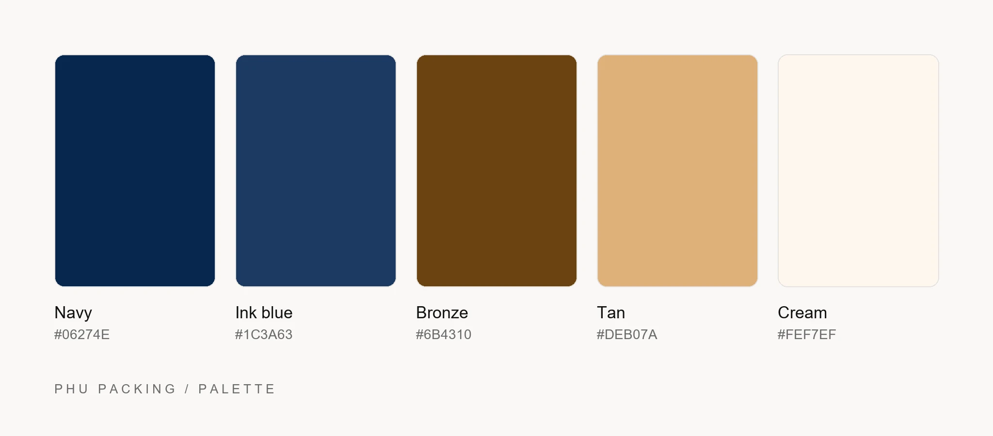 Phu Packing packaging website palette: five swatches, navy, ink blue, bronze, tan and cream, with their codes