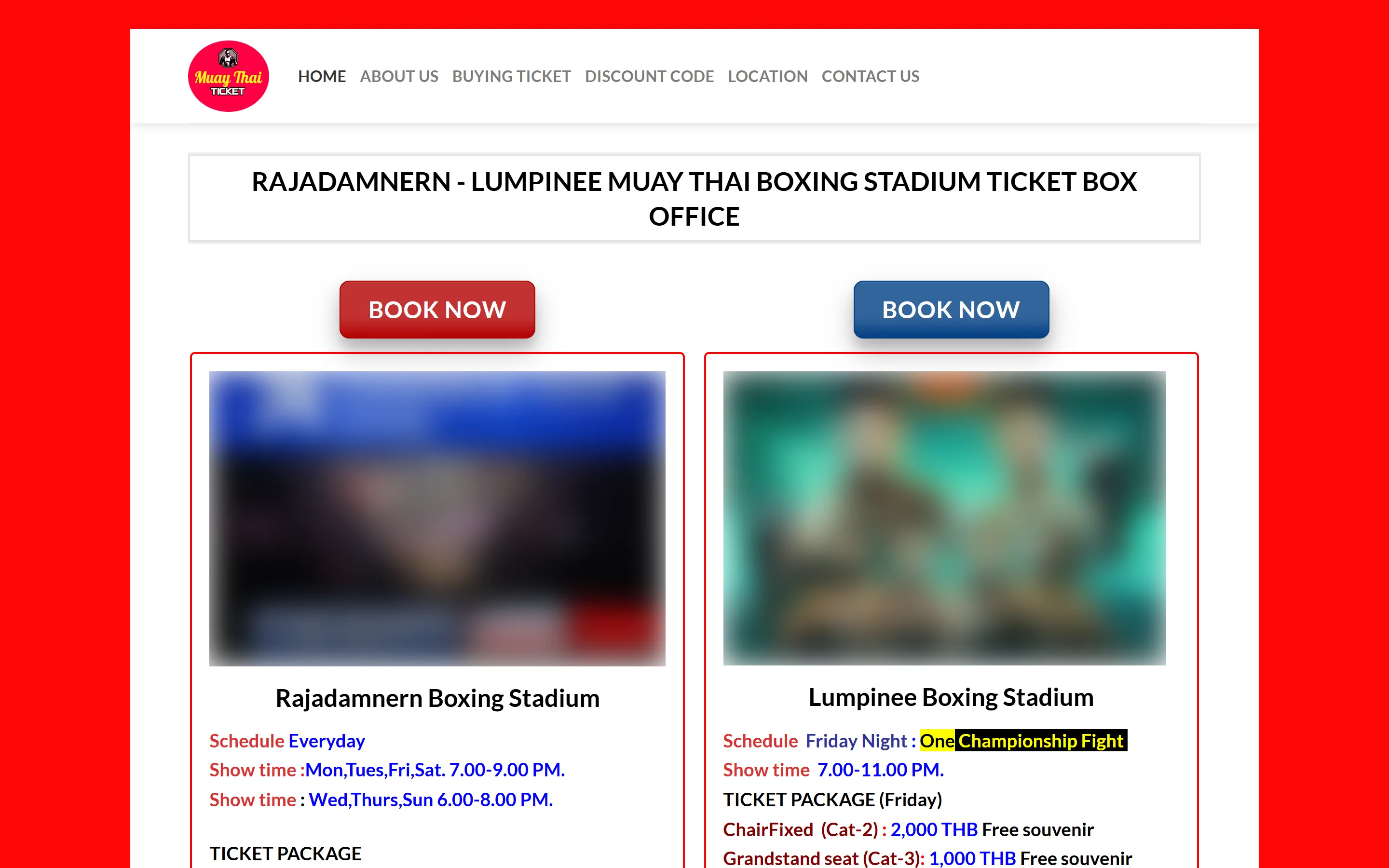 The old home page: a white frame on red, two booking buttons and blurred promo images