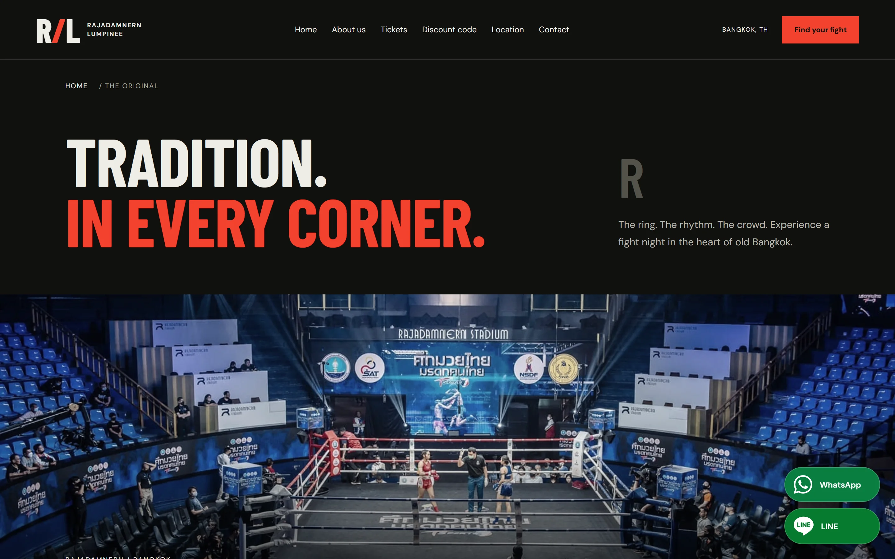 The Rajadamnern Stadium page: TRADITION. IN EVERY CORNER. above a photo of the arena