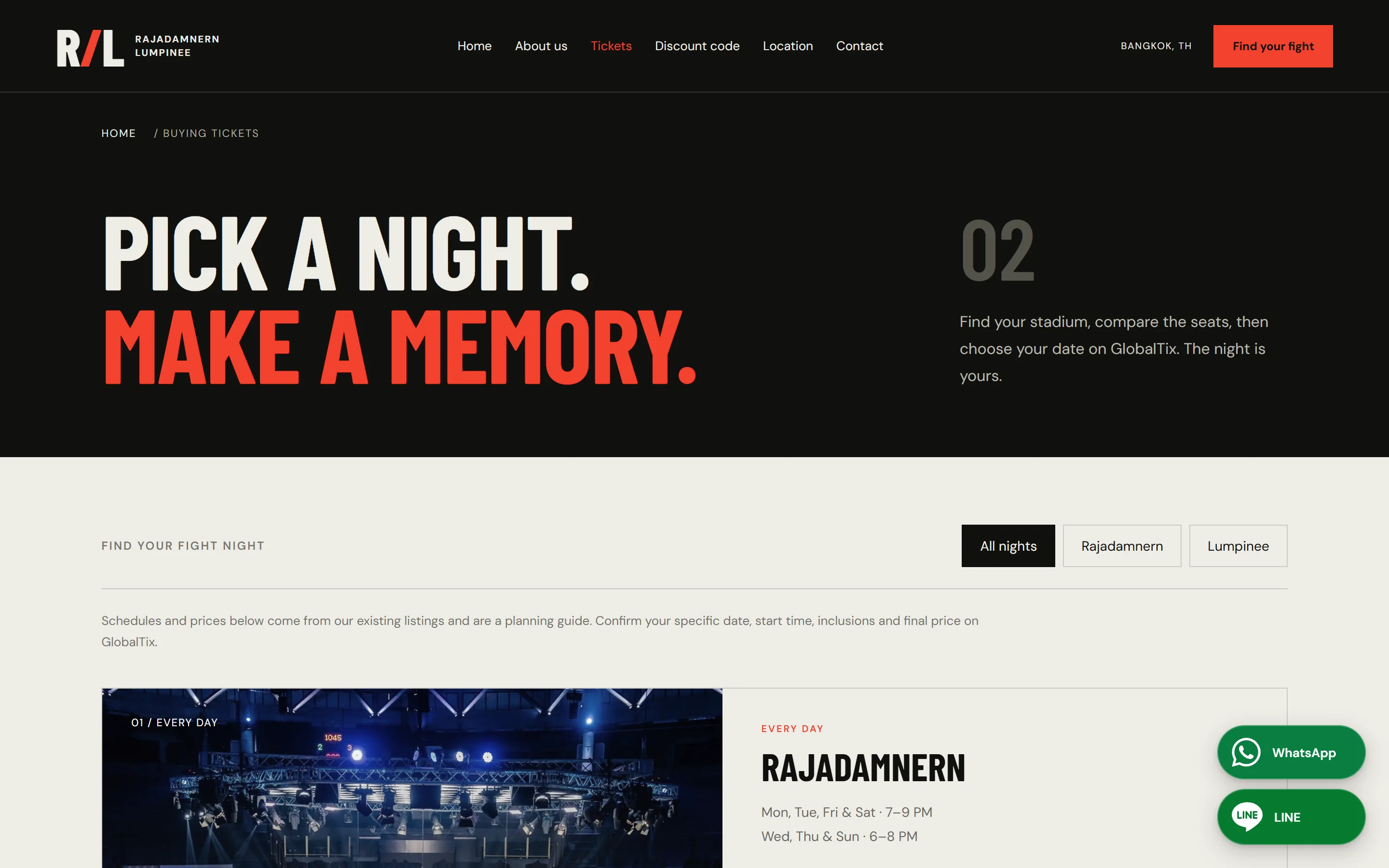 The tickets page: PICK A NIGHT. MAKE A MEMORY. and fight nights filtered by stadium