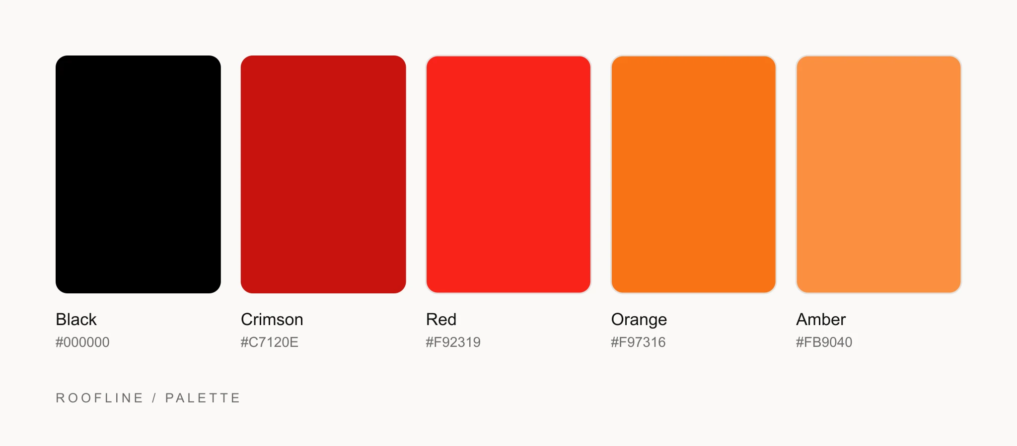 Roofline roofing company website palette: five swatches, black, crimson, red, orange and amber, with their codes