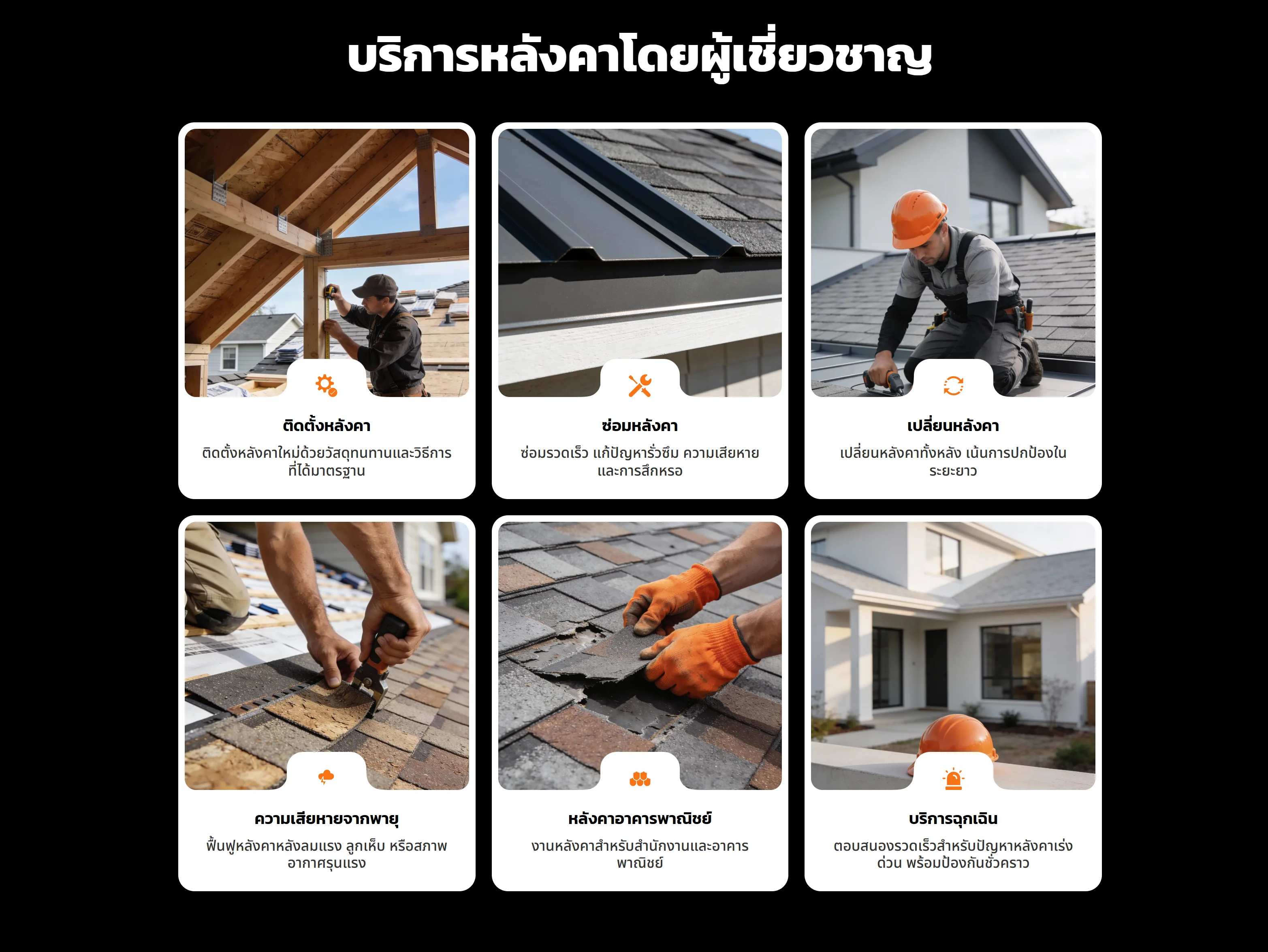 Services section on the Roofline roofing company website: six cards on black with photographs of roofers installing, repairing and replacing roofs