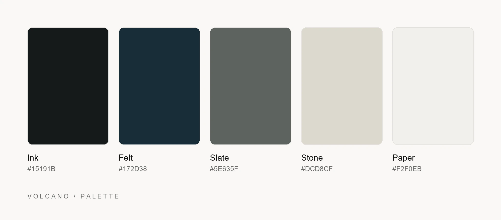 Volcano pool table website palette: five swatches, ink, felt blue, slate, stone and paper, with their codes